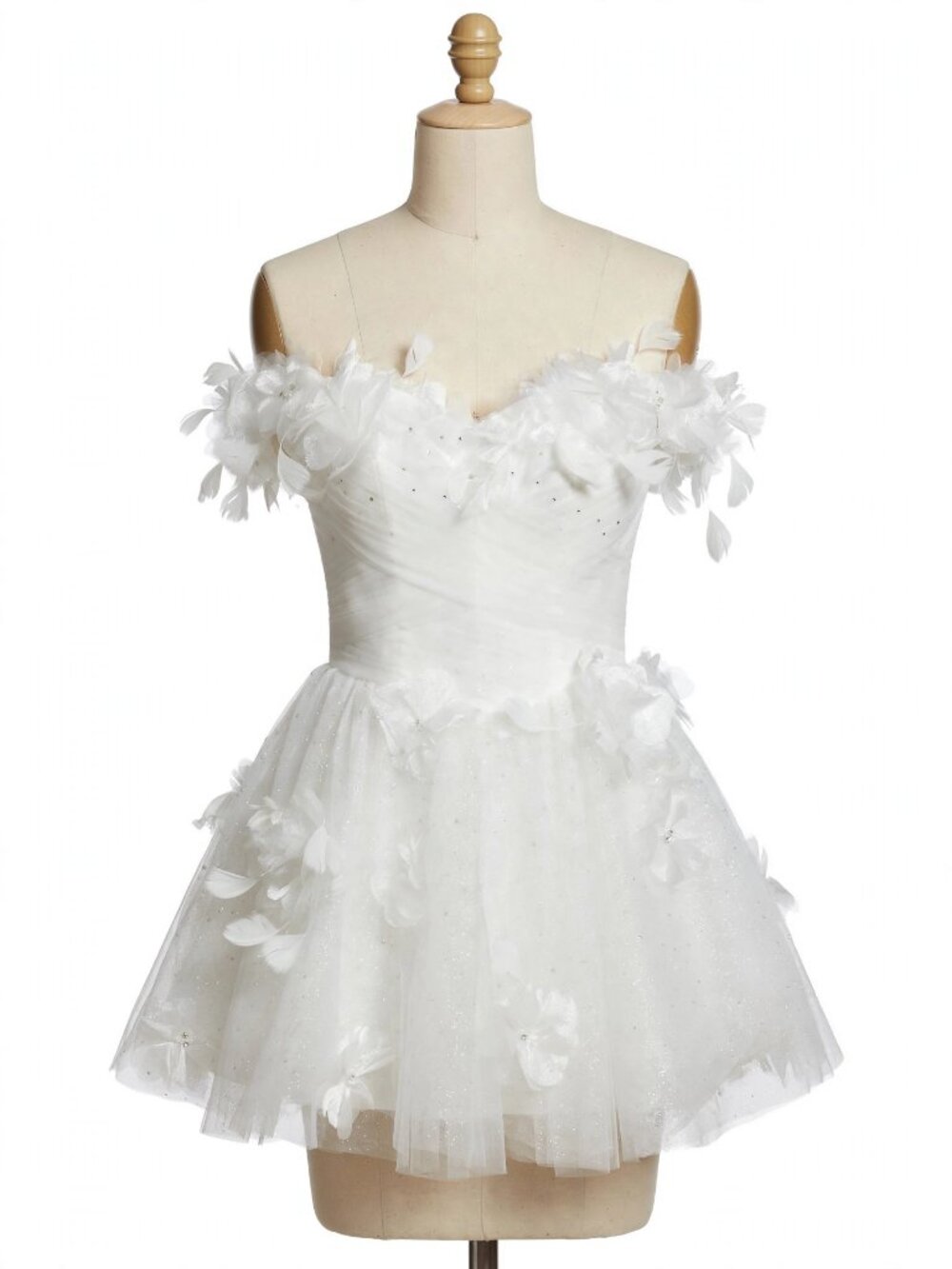 Ashley Lauren 4818 White Feather Neckline Sequin Tulle Mini Dress 6 NWT